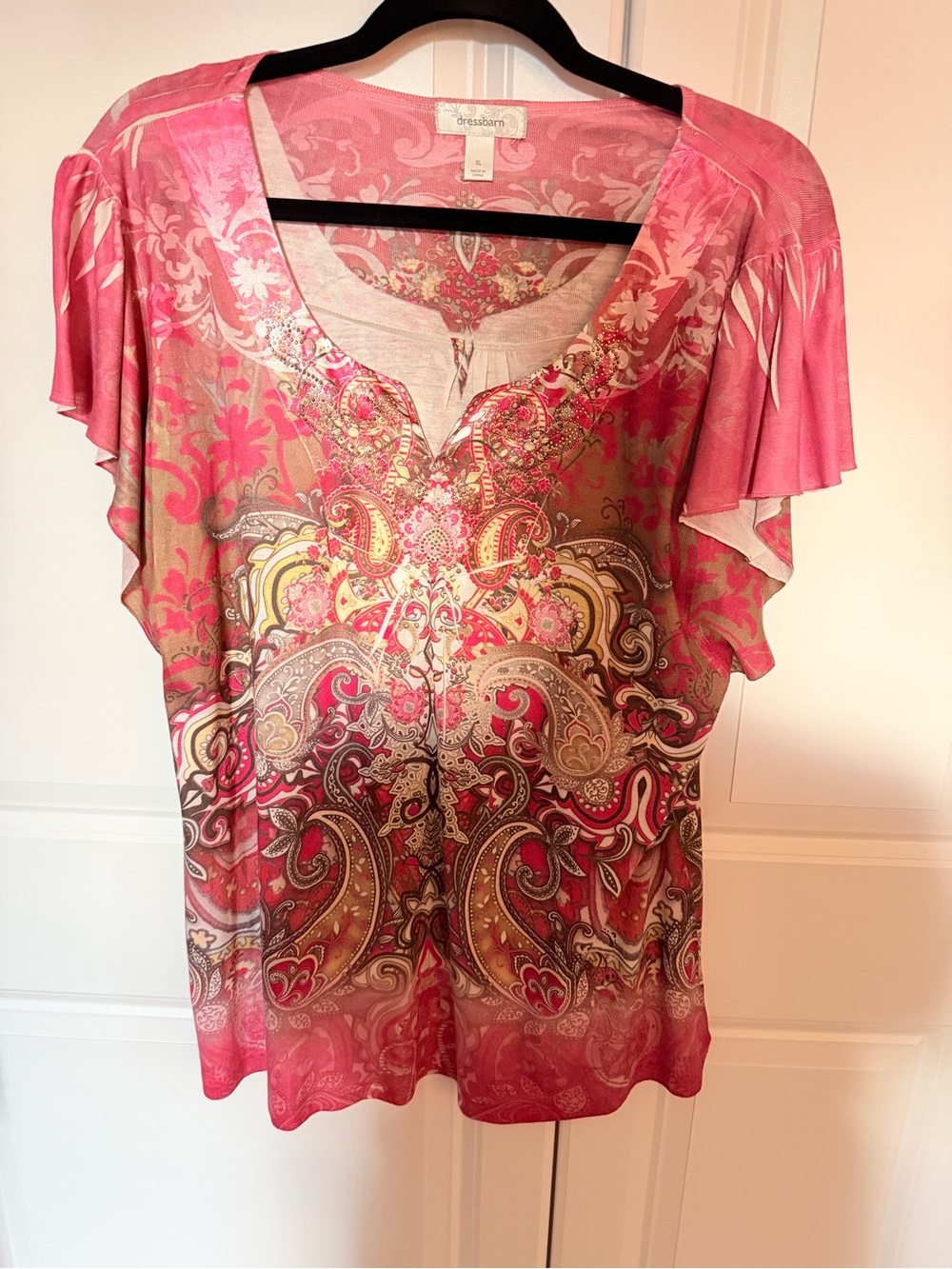 dressbarn Pink Paisley-Print Short Sleeve Scoop Neck Top